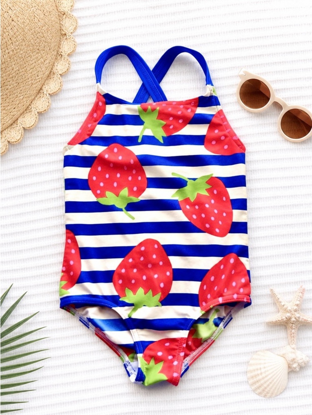 Mini Boden Girls Strawberry Swimsuit • Blue Stripe • 110 (4–5Y)